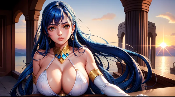 focused upper body, big bust, realistic, 1girl, blue hair and sparkling brown eyes, parted lips, sunset, at dessert, sunlight, (wearing white arabian dresst)