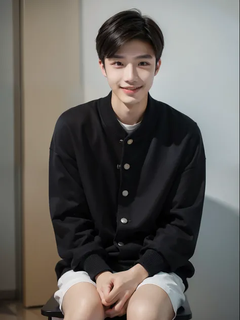 Passport photo of China, 20 years old, cool Chinese boy, short straight hair, full lips, 170 cm tall, full lips, smiling sitting in front of the camera, clean background, taken from Fujifilm GFX100S --ar 9:16 --s 1000