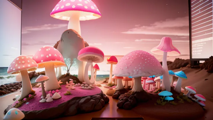 Maquete Praia. mushrooms neon pink. Maquete. mushrooms neon. Neve branca. Maquete. neon