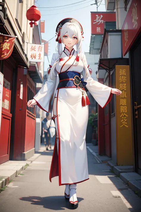 white color hair，Hanfu，Walk down the street，China-style，1gril，adolable，k hd，anime big breast