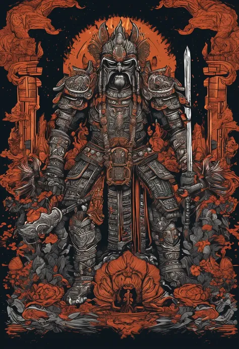 HEAVY METAL T-SHIRT DESIGN INDIAN BIKER KNIGHT CHINESE TEMPLE