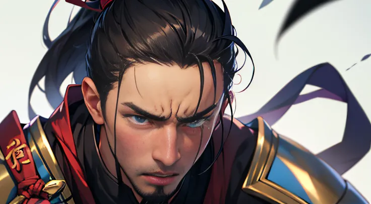 Close-up of male warrior facial expression，cabelos preto e longos，Ponytail hairstyle，expression surprised，Moved to tears，Chinese style armor，