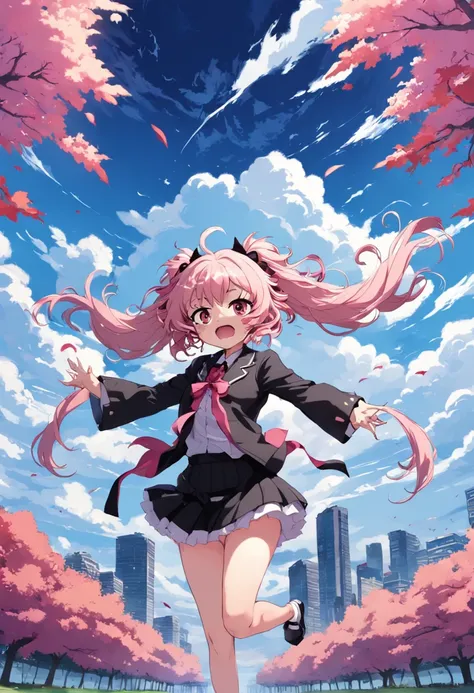 Junko Enoshima - (Danganronpa) y zhongli - (Genshin Impact) abrazados en un parque japones mientras caen los cerezos color rosa, en el fondo un cielo azul y claro con nubes,