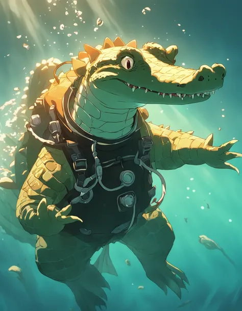 cute crocodile wearing a diving suit diving