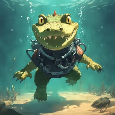 cute cartoon crocodile wearing a diving suit diving