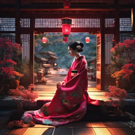 Best Quality, masutepiece, 超A high resolution, (photos realistic:1.4), surrealism, dream-like,A Japanese Lady、kimono、shrines、evening