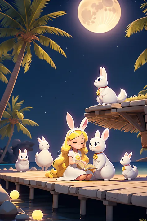 tmasterpiece, best qualityer, 1 young girl, long whitr hair，Yellow hair，white dresses，There are a couple of cute rabbits，sandbeach，Lie on the stone pier and read happily，the night，There is 1 oversized Full Moon in the sky，coconut palms，Bright shades，pixar-...