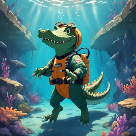 cute cartoon crocodile wearing a diving suit diving