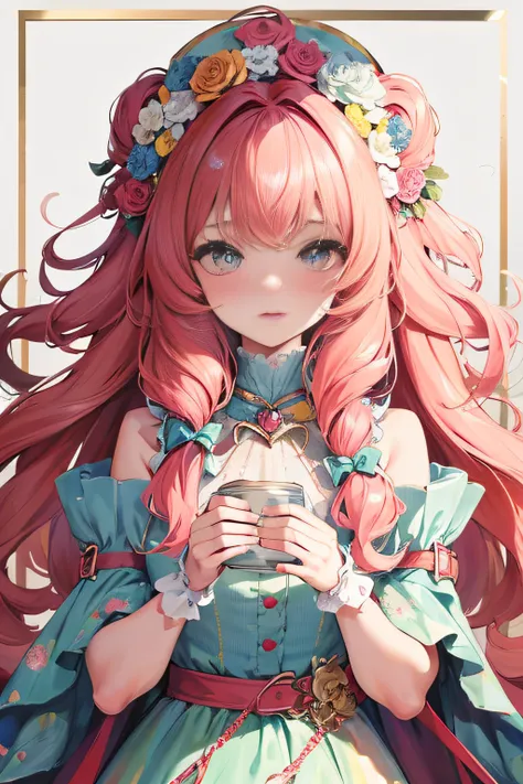 Large wavy curls, flowers in head, Cat ears, Bright pupils, Blush, (Monet:1), anaglyph, Fuji colors, outside border, Top-down view, hyper HD, Masterpiece, ccurate, Textured skin, 4K, Best quality, A high resolution, High quality, hyper HD, Masterpiece, Tex...