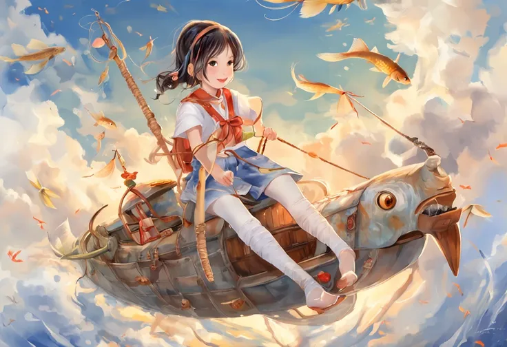 movie picture quality，China-style，Little girl sitting on giant koi flying in the sky，Thick clouds，Short hair and small braids，Denim suspenders，The barefoot，depth of fields，high light，Real light，Ray traching，oc rendered，Hyper-realistic，best qualtiy，8K，Works...