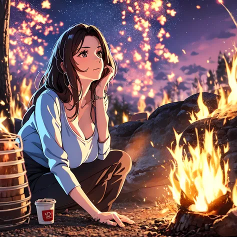 beautiful woman, age 30, milf, camping by a bonfire, roasting marshmallows and gazing up at a star-filled sky with wonder