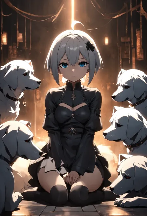 Anime characters sitting next to a dog in a dark room, 2 b, 2b, Gloomy and gloomy lighting, nier 2 b, Sasura, Avatar de Second Life, Nixeu y Sakimichan, escena espiritual, Segundo Vida, Gothic family, Poca luz, corona de (((White lasers))), Hidari y Vlop, ...