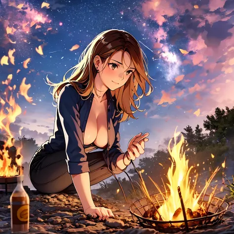 beautiful woman, age 30, milf, camping by a bonfire, roasting marshmallows and gazing up at a star-filled sky with wonder