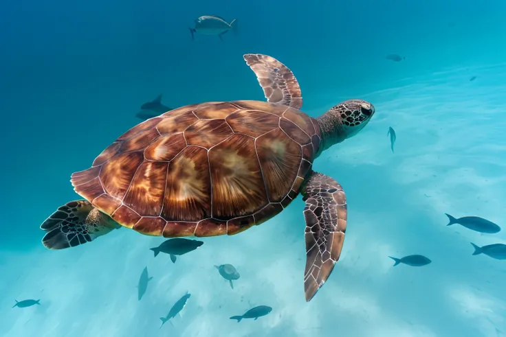 There is one swimming in the sea，Fish around, Turtlen, turtle, A WORLD, great leviathan turtle, tropical sea creatures, Turtle shell, pexels contest winner, Large tortoise shell, Turtlen, Great Artuine, turtles all the way down, Stable appearance, Mitch Mc...