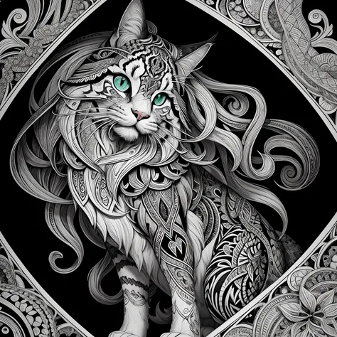 maincoon, black and white, zentangle (best quality) ultra-detailed, fine line drawing, fine line art, coloring book illustration style, intricate linework, highly detailed illustration, perfect composition, beautiful and stunning, dynamic angle, high contr...