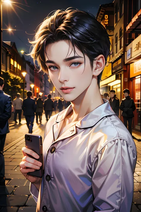 (absurderes, A high resolution, Ultra detailed, hdr), Masterpiece, Best quality, 1boy,12yo, Handsome, Short hair, finely eye and detailed face, satin pajamas, The material is shiny, dimple, Forehead, Night Street, Night City, midnight, Selfie shot, Light s...