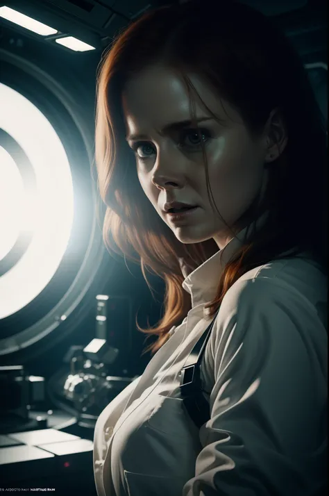 Hot terrified Amy Adams as a Scientist Hiding on Ishimura Horror Space Ship photography, natural light, photorealism, cinematic rendering, ray tracing, the highest quality, the highest detail, Cinematic, Third-Person View, Blur Effect, Long Exposure, 8K, U...