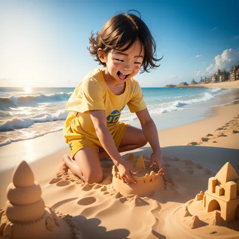 A child playing on a sunny happy beach, their laughter as they build a simple sandcastle, emulate Nikon D6 high shutter speed action shot, soft yellow lighting