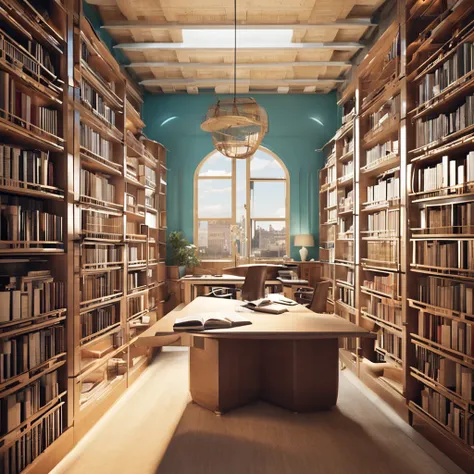 Renderings，Live view，Book it，Library，libraryai，bookshops，There is a large boat-shaped desk in the middle，The top surface of the boat-shaped desk echoes the shape of the desk，There are some bookcases or book cabinets around，The overall atmosphere is bright，...