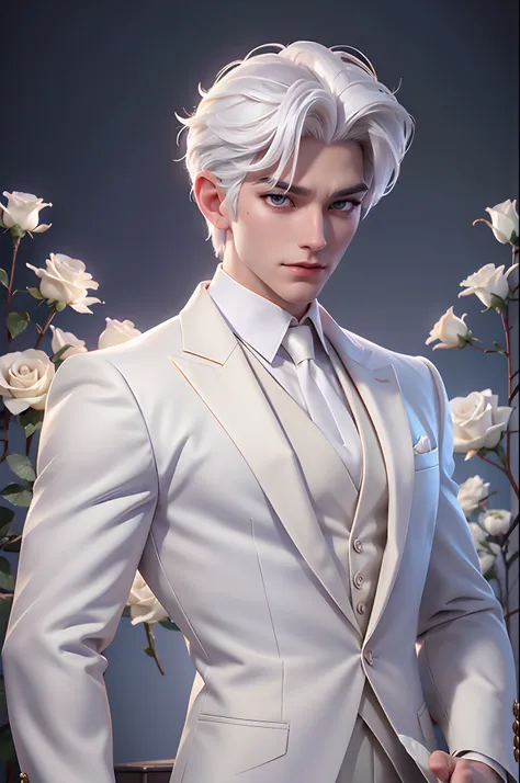 there is a man with white hair and a white suit holding a rose, by yang j, ig model | artgerm, extremely detailed white-haired d...