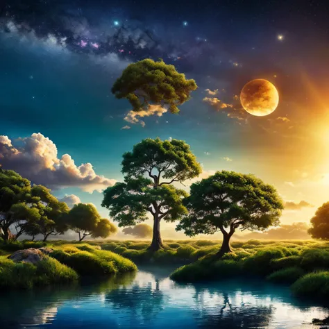 Illustration of a surreal scene, sobrenatural, hyper sky, including a giant full-body crystal tree, Highly detailed and magical lighting, detalhes intrincados da floresta, vegetation and surrounding river, sun sunset, paisagem, giant tree, belas folhas ver...