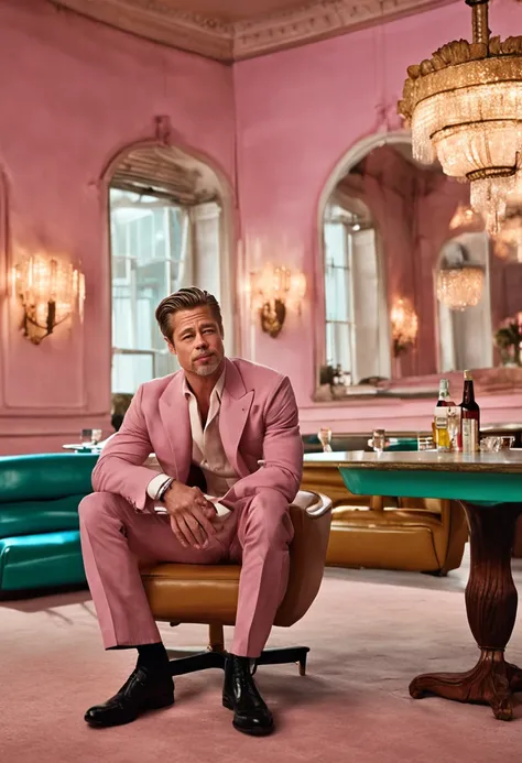 "Capture Brad Pitt in a sitting pose for a Vogue pastel cover shoot. The camera lens used is the Nikon D850 with a Sigma 50mm f/1.4 DG HSM Art Lens. The setting takes place in a whimsical pastel retro bar, exuding a vibrant and nostalgic atmosphere. The ba...