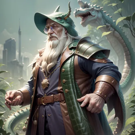 dumbledore，a old man，Big chest，wearing an outfit，Wearing crocodile dragon armor，Wearing a crocodile head hat，muscle men， Man ，Wear half-moon glasses，Realiy，Blue whale in hand，Full body photo