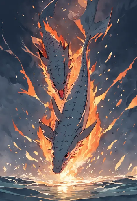 Sturgeon with a body on fire，Flush into the water，Engage in close-quarters combat with water dragons，The body of the sturgeon has been burned and shattered，The water dragon is magnificent