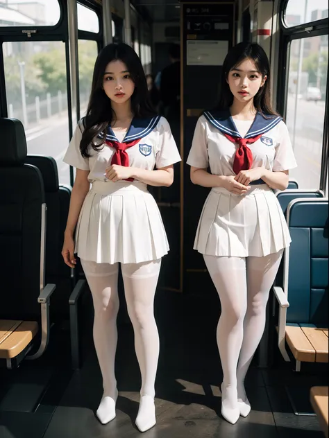 (full body:1.5)，((girl):1.4),(view the viewer:1.4)，(anatomy correct:1.3),(martial art pose on a bus:1.2),((colorful), (A brown Sailor suit and checkered high waisted pleated skirt )):1.2),(((thick white Pantyhose)):1.32),(black girl pointed thick heels :1....