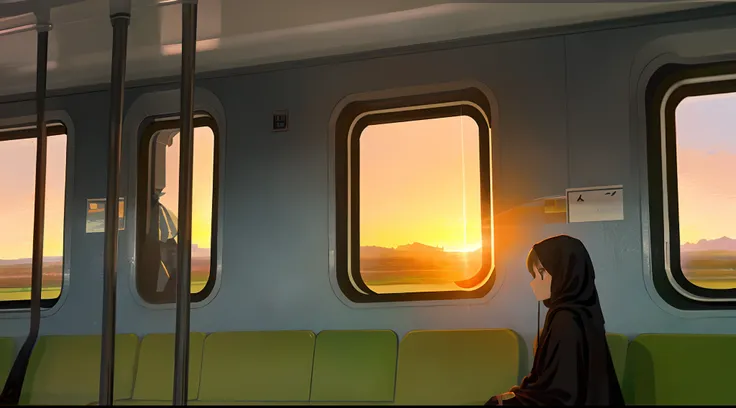 Highest image quality，Sunset，Girl looking out the window inside the train car，The eyes are slightly confused，Outside the window is an endless plain and farmland，The painting style is realistic，Arab girl with a beautiful figure。