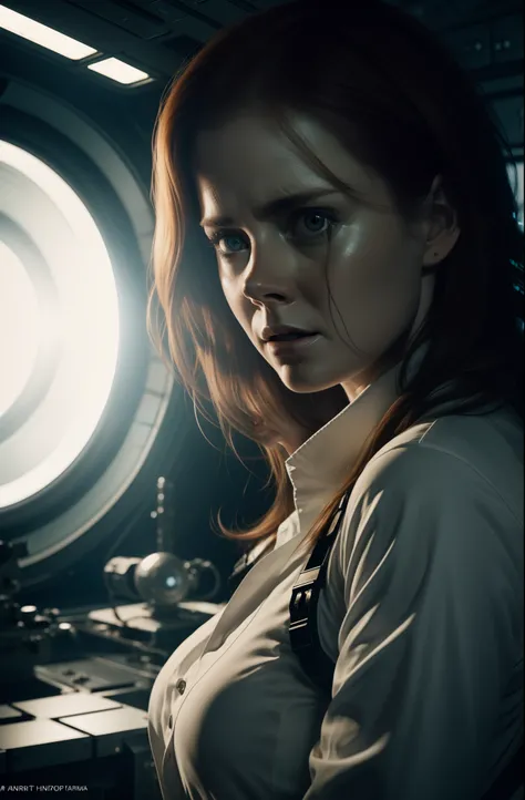 Hot terrified Amy Adams as a Scientist Hiding on Ishimura Horror Space Ship photography, natural light, photorealism, cinematic rendering, ray tracing, the highest quality, the highest detail, Cinematic, Third-Person View, Blur Effect, Long Exposure, 8K, U...