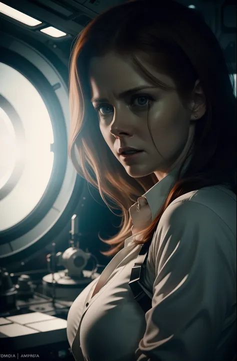 Hot terrified Amy Adams as a Scientist Hiding on Ishimura Horror Space Ship photography, natural light, photorealism, cinematic rendering, ray tracing, the highest quality, the highest detail, Cinematic, Third-Person View, Blur Effect, Long Exposure, 8K, U...