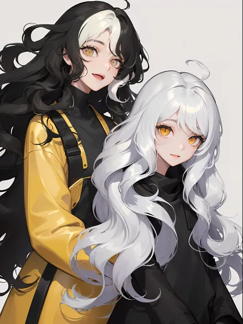 1woman, ((long wavy hair)), ((half of her hair is white and the other half of her hair is black split into two colors)), swept bangs, ((golden eyes)), smile, modern clothes