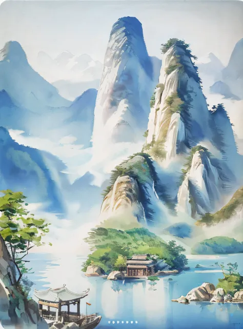 Draw mountain scenes，Boat in the water, Chinese landscape, Traditional Chinese watercolor, author：Dong Yuan, author：Yang Borun, author：Luo Mu, author：Gong Xian, author：Yang Buzhi, author：Yuan Yao, author：Qu Leilei, author：Wu Hong, Chinese watercolor, Detai...