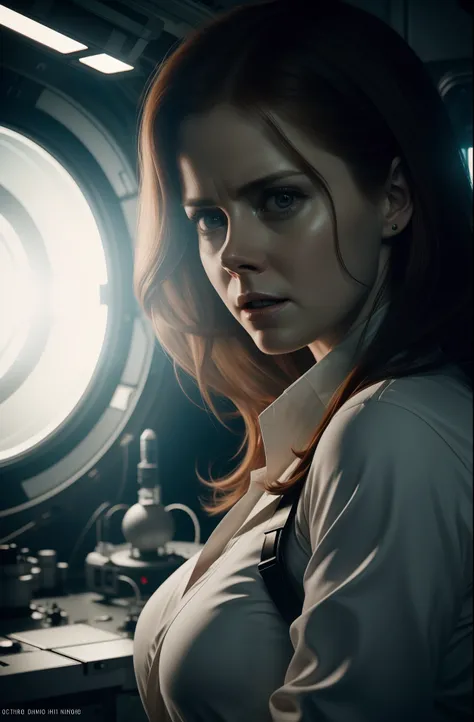 Hot terrified Amy Adams as a Scientist Hiding on Ishimura Horror Space Ship photography, natural light, photorealism, cinematic rendering, ray tracing, the highest quality, the highest detail, Cinematic, Third-Person View, Blur Effect, Long Exposure, 8K, U...