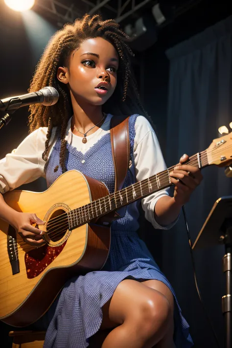 a gospel singer singing and playing guitar, 18 years old;, usando vestido um vestido longo,low professional lighting, mapeamento  (realista, fotorrealista: 1.37).