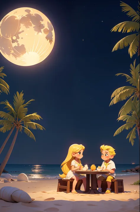 tmasterpiece, best qualityer, 1 young girl, long whitr hair，Yellow hair，white dresses，There are a couple of cute rabbits，sandbeach，Sit and read，the night，There is 1 super-large Full Moon in the sky，coconut palms，pixar-style，Disney  style，