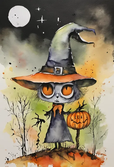 a sticker. Collage, Hand drawn watercolor ink, Halloween related, The witch has, broom, cat, gost, bat, pumpkins, Mummy, Tree decoration, clip art