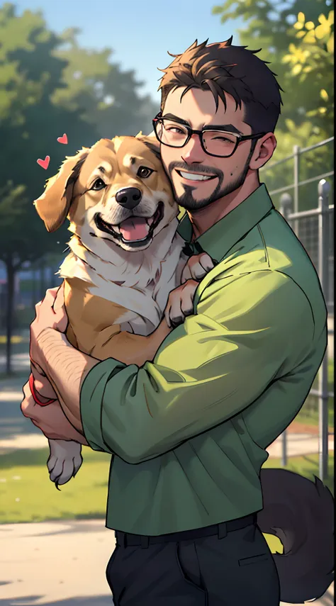 a man with a beard and a german sheppard dog, the man wearing glasses, green shirt, in a dog's park, the man carrying and huggin...