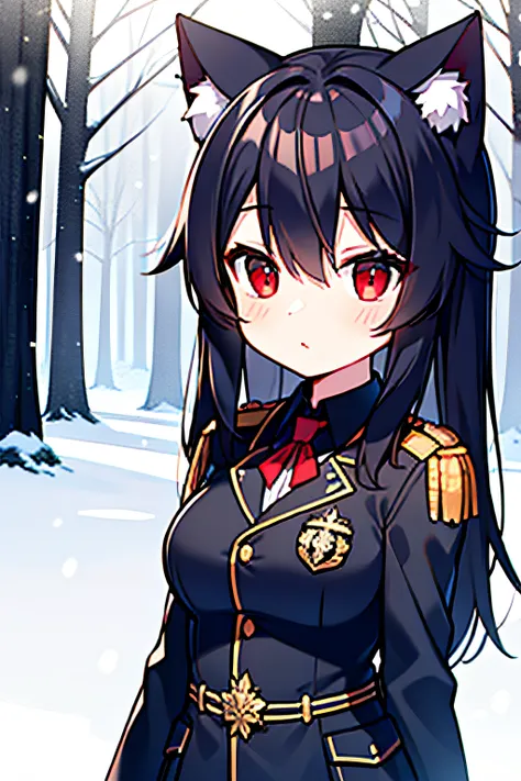 Snowy forest, Black hair, Cat ears, Cat girl,  Red eyes,,  officer uniform, , Germany, Black officer uniform