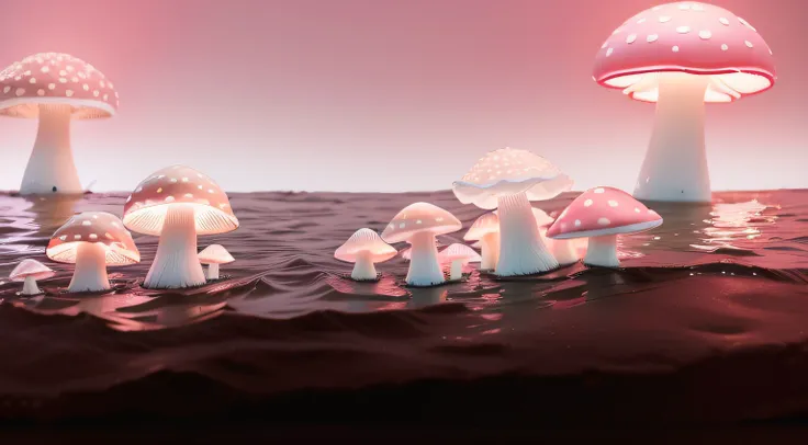 mushrooms saindo da agua. mushrooms em cima da agua. Water model. neon pink mushrooms. maquete. Neon Mushrooms in Water. Mar maquete. neon light. Oceano vermelho. water.