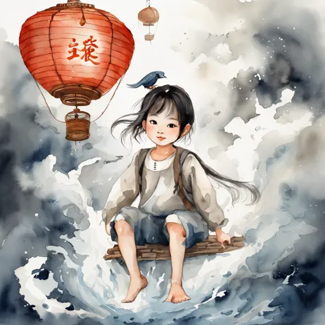 China ink painting，water ink，ink，Smudge，Black and white，China-style，Little girl sitting on giant koi flying in the sky，Thick clouds，Short hair and small braids，Denim suspenders，The barefoot，depth of fields，high light，Real light，Ray traching，oc rendered，Hyp...