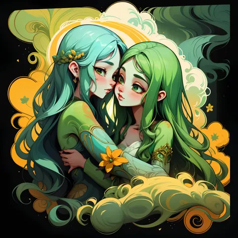 adesivo, fundo simples, portrait, 2 girls, couple, kissing, girl with long hair, beautiful goddess girl, goddess aesthetic, beautiful girl, very beautiful fantasy art, beautiful and elegant female goddess, beautiful detailed fantasy, green and yellow color...