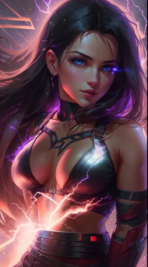 1Beautifulwoman，ff Tifa， X-Men Storm, lightning in hand, a skirt,glowing light eyes