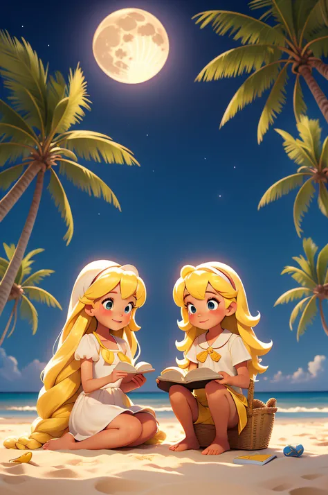 tmasterpiece, best qualityer, 1 young girl, long whitr hair，Yellow hair，white dresses，A couple of cute rabbits，sandbeach，Sit and read，the night，There is 1 super-large Full Moon in the sky，coconut palms，pixar-style，Disney  style，