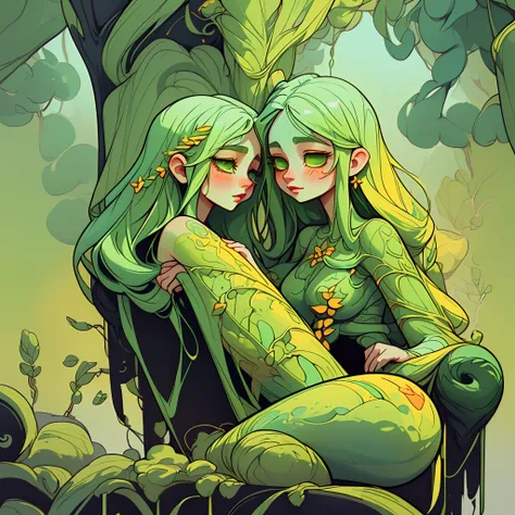 adesivo, fundo simples, portrait, 2 girls, couple, kissing, girl with long hair, beautiful goddess girl, goddess aesthetic, beautiful girl, very beautiful fantasy art, beautiful and elegant female goddess, beautiful detailed fantasy, green and yellow color...