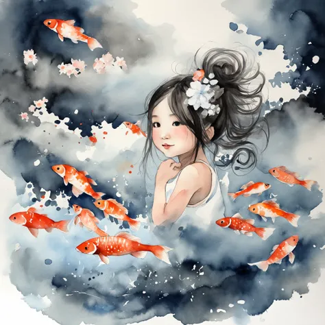 China ink painting，water ink，ink，Smudge，Black and white，China-style，Little girl sitting on giant koi flying in the sky，Thick clouds，Short hair and small braids，Denim suspenders，The barefoot，depth of fields，high light，Real light，Ray traching，oc rendered，Hyp...