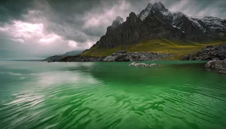 green floor，lakes，snow mountains，wide angles