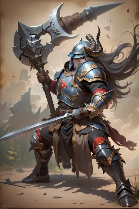 A seasoned warrior swings a massive battleaxe overhead, heavy armor protecting him.  

Items and gear listed on the side:
- Thick steel armor
- Horned helmet
- Double-bladed battleaxe