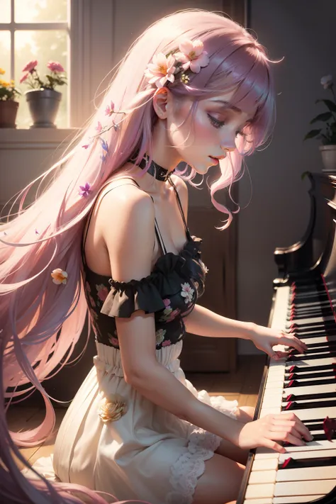 playing piano　Playing the piano keys　Hit the key　girl with　Hair long　Lashes　colourfull　Flowers　Active　pop music　Music　Artistically　art by　colourfull　natural soft light　Steinway　elegent